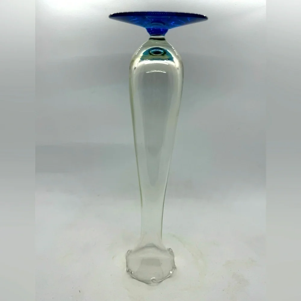 Vintage Tulip Style Fluted Glass Bud Vase w/ Vibrant Blue Base.